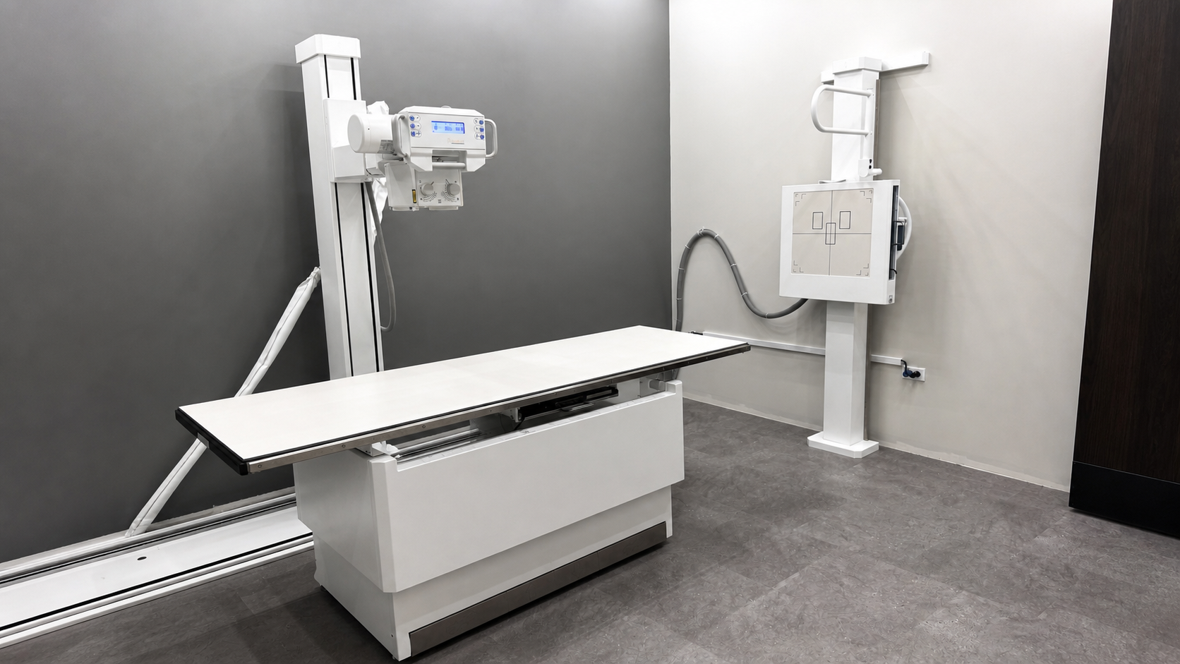 Medical X-ray room visualized with equipment, installation, service, software, and long-term ownership planning layers.